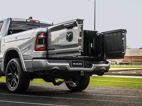 2023 RAM 1500 view of tailgate open and space in bed of truck